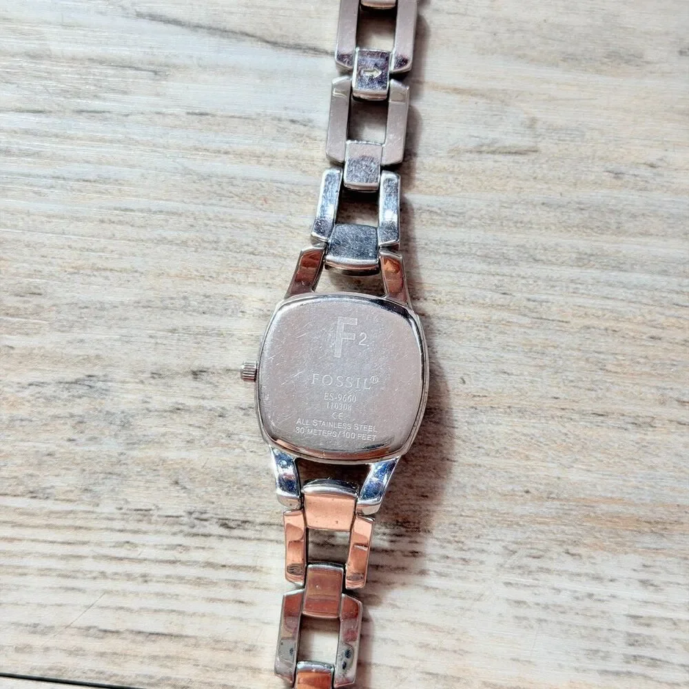 Vintage Fossil F2 Pink Dial Silver Tone Link Bracelet Watch Y2K Chunky Retro